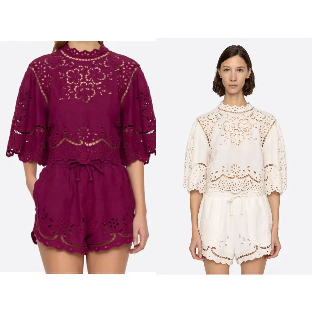 

Летний женский костюм из смесового хлопка и льна с тяжелой вышивкой, ажурным дизайном, новинка