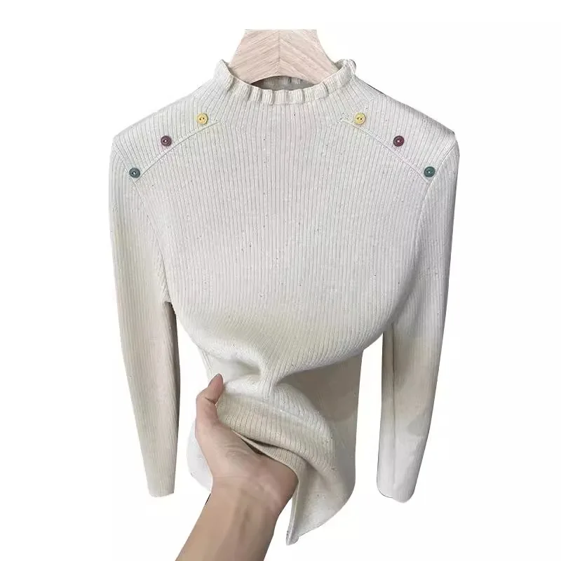 Pull en tricot à col montant une pièce Thiened Color f pour femme, nouveau modèle d'hiver, bouton intérieur