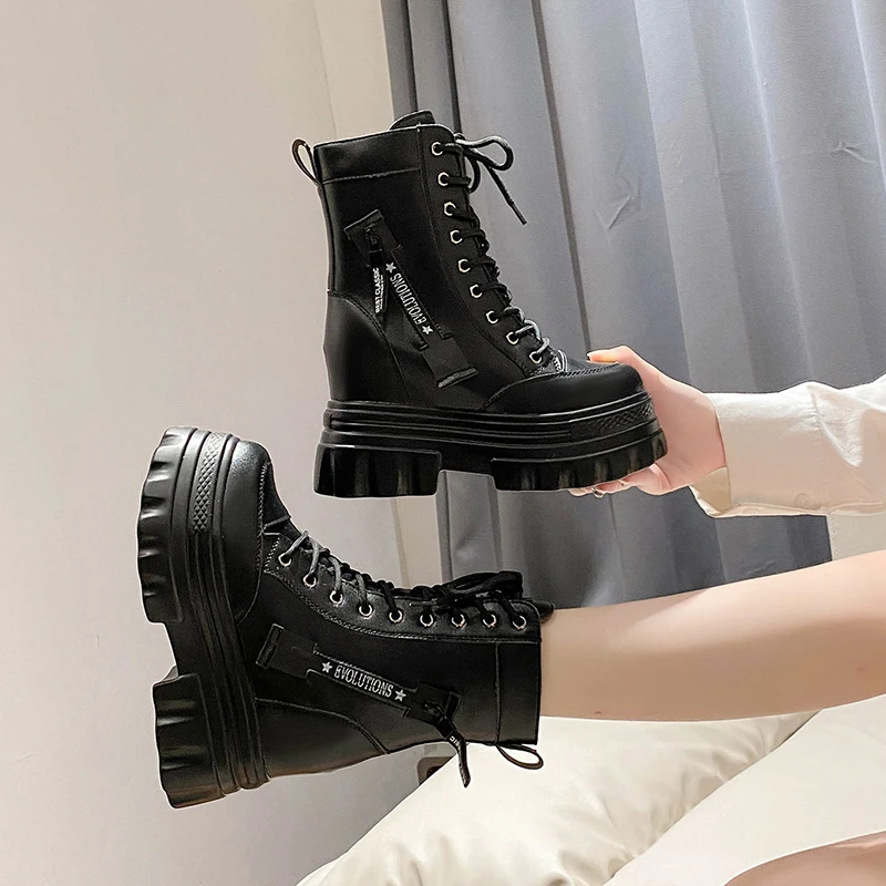 النساء الأحذية الجديدة الشتاء دراجة نارية الأحذية 9.5 سنتيمتر إسفين الكعوب عالية منصة جلدية مكتنزة أحذية امرأة الخريف سميكة وحيد فاسق الأحذية #2