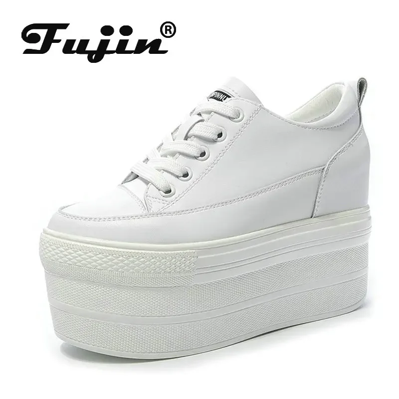 Fujin 12cm Genuine Leather Women Vulcanized Shoes Leather Platform Wedge High Heels White Shoes Lace Up Increase Casual Shoes