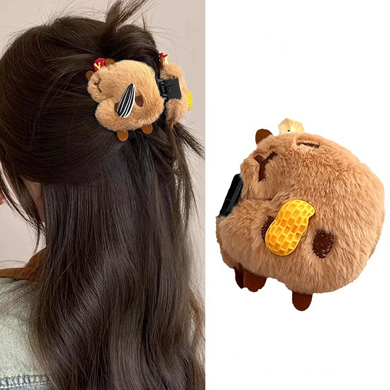 Cute Cartoon Capybara Double Side Plush Hair Claw Autumn Winter All-match Shark Clips For Women Girls Kawaii Hair Accessories