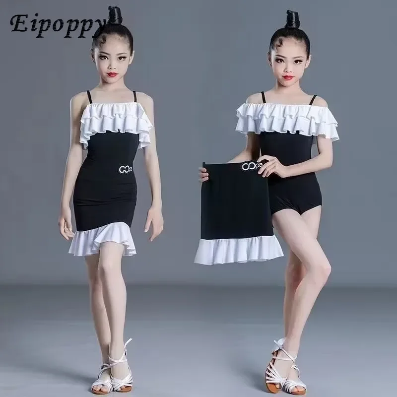 

Summer New Children's Latin Dance Practice Clothes Professional Girls Black and White Stitching Internet Celebrity Sling