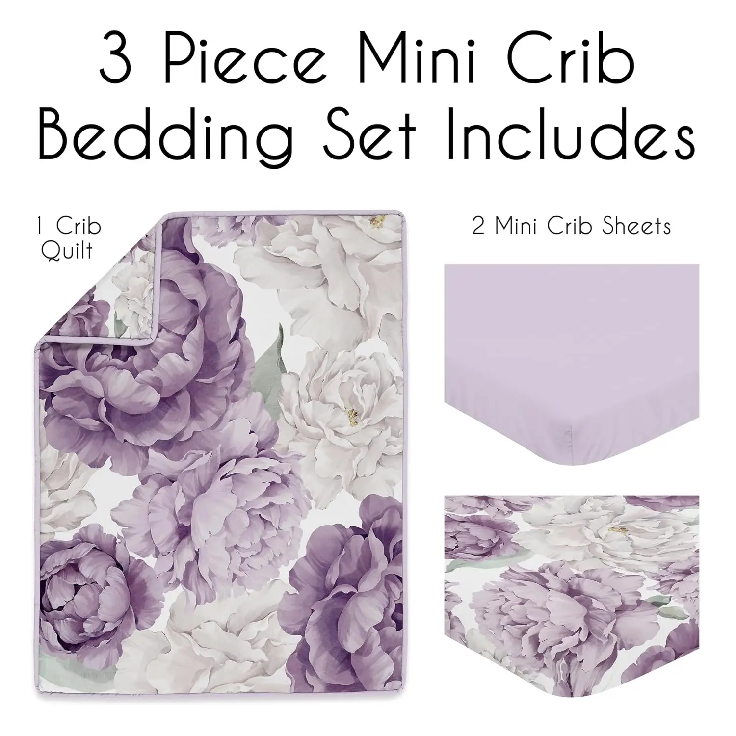 Lavender Floral Baby Mini Crib Bedding 3pc, Portable Nursery Sheets Blanket, Boho Vintage Watercolor, Customized