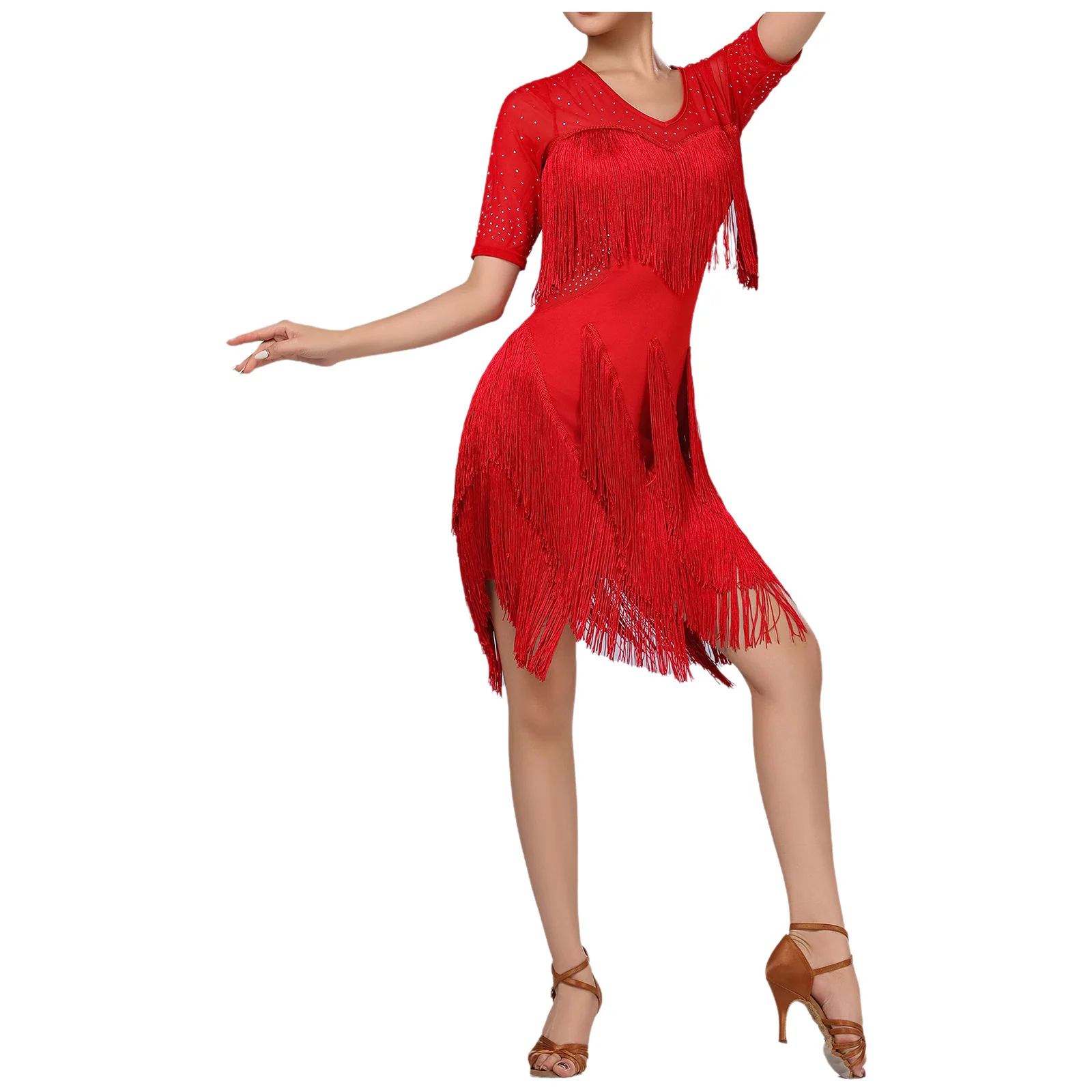 Vestido latino con borlas para baile de Tango y Rumba para mujer, vestido con flecos de malla con diamantes de imitación brillantes para Chacha Rumba Samba, Ropa de baile para actuación