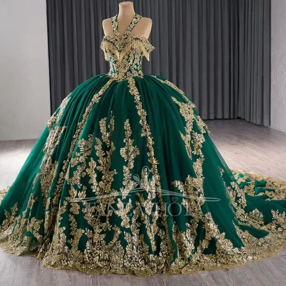 Luxury Green Customizable Evening Dress Halter Off The Shoulder Lace Up Back Beaded Sequined Vestidos De Noite