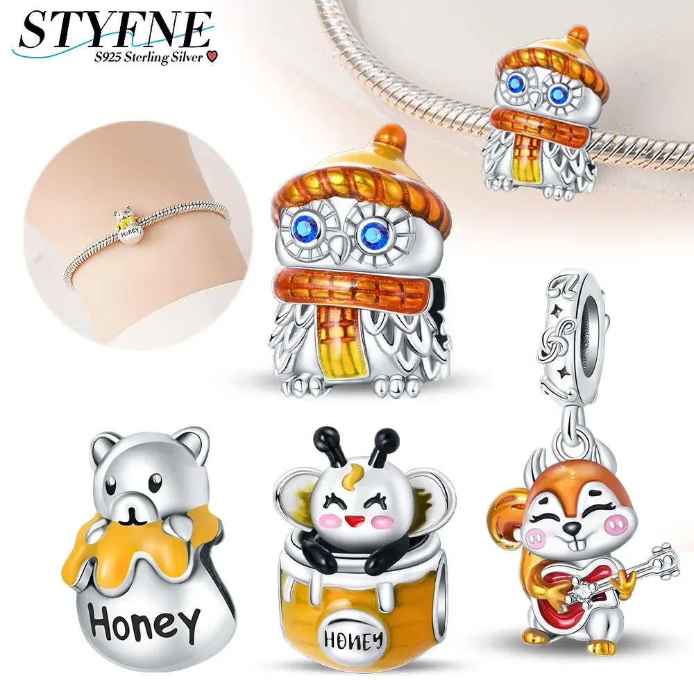 

925 Sterling Silver Cute Honey Pot Bear Owl Charm Women Diy Beaded Original Fit Bracelet Boutique Jewelry Making Gift