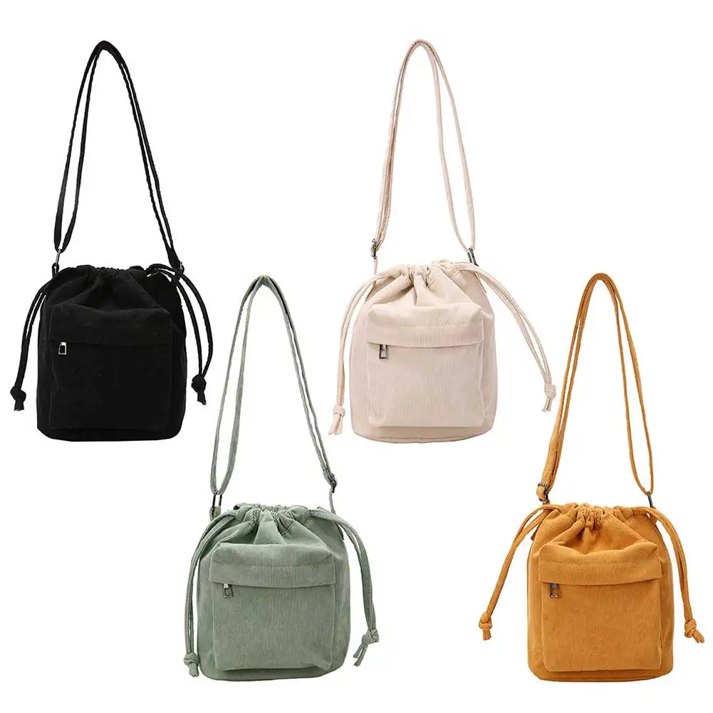 

Women Casual Shoulder Bag Adjustable Strap Corduroy Crossbody Bag Drawstring Multi Pocket Purse Versatile Slouchy Travel Bag