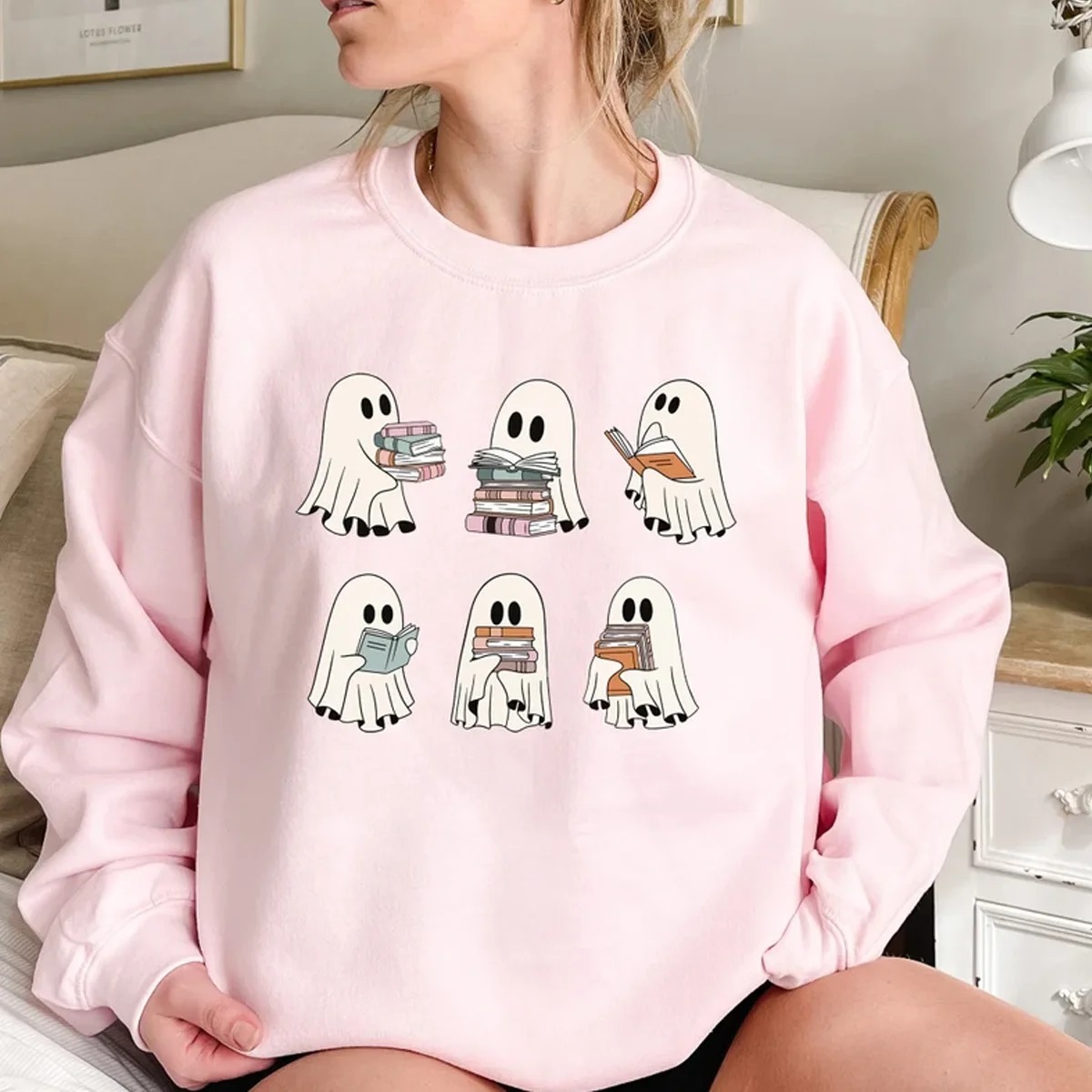 Suéter de cuello redondo con estampado de fantasma, Sudadera con capucha de cuello redondo para Halloween, regalo para profesores, librario