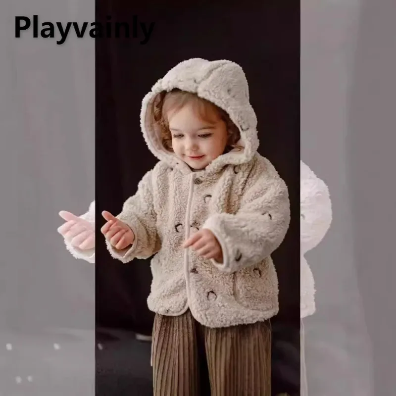 

New Autumn Winter Kids Fleece Warm Coats Apricot Dark Long Sleeve Plush Hooded Outwear with Moon Pattern Boy Girl Clothes A5300