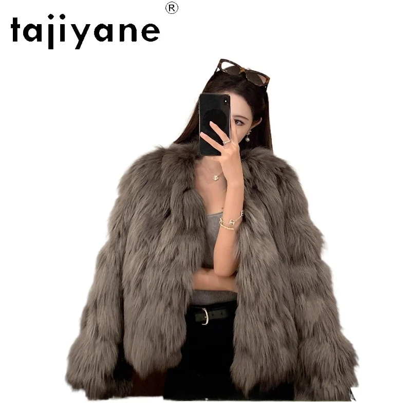 سترة من فراء الثعلب الطبيعي 100% من TAJIYANE معطف نسائي فاخر برقبة على شكل حرف v معطف فرو حقيقي 2025 معاطف شتوية عالية الجودة ملابس نسائية Fourrure