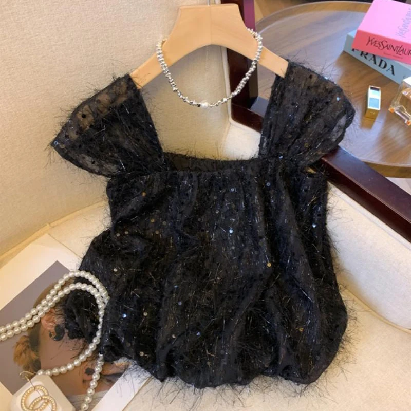 

Fragrant wind sequined tassel lace shirt female sweet niche small flying sleeve sling doll shirt unique top