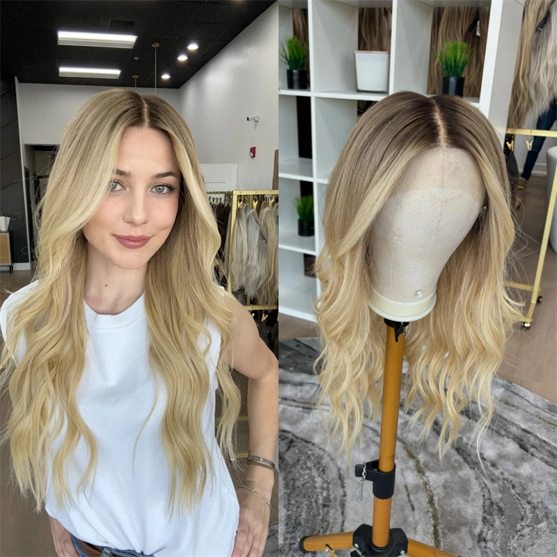 

Предварительно выщипанная линия волос с детскими волосами 13x4 Ombre Золотисто-русый HD Синтетический парик спереди с темными корнями 180% Плотность 26 дюймов