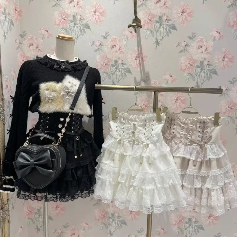 Mehrlagiger Mini-Kuchenrock im japanischen Rojita-Stil, drei Farben erhältlich, beliebte Damenkleidung, hoch taillierte Schnürröcke mit Knöpfen