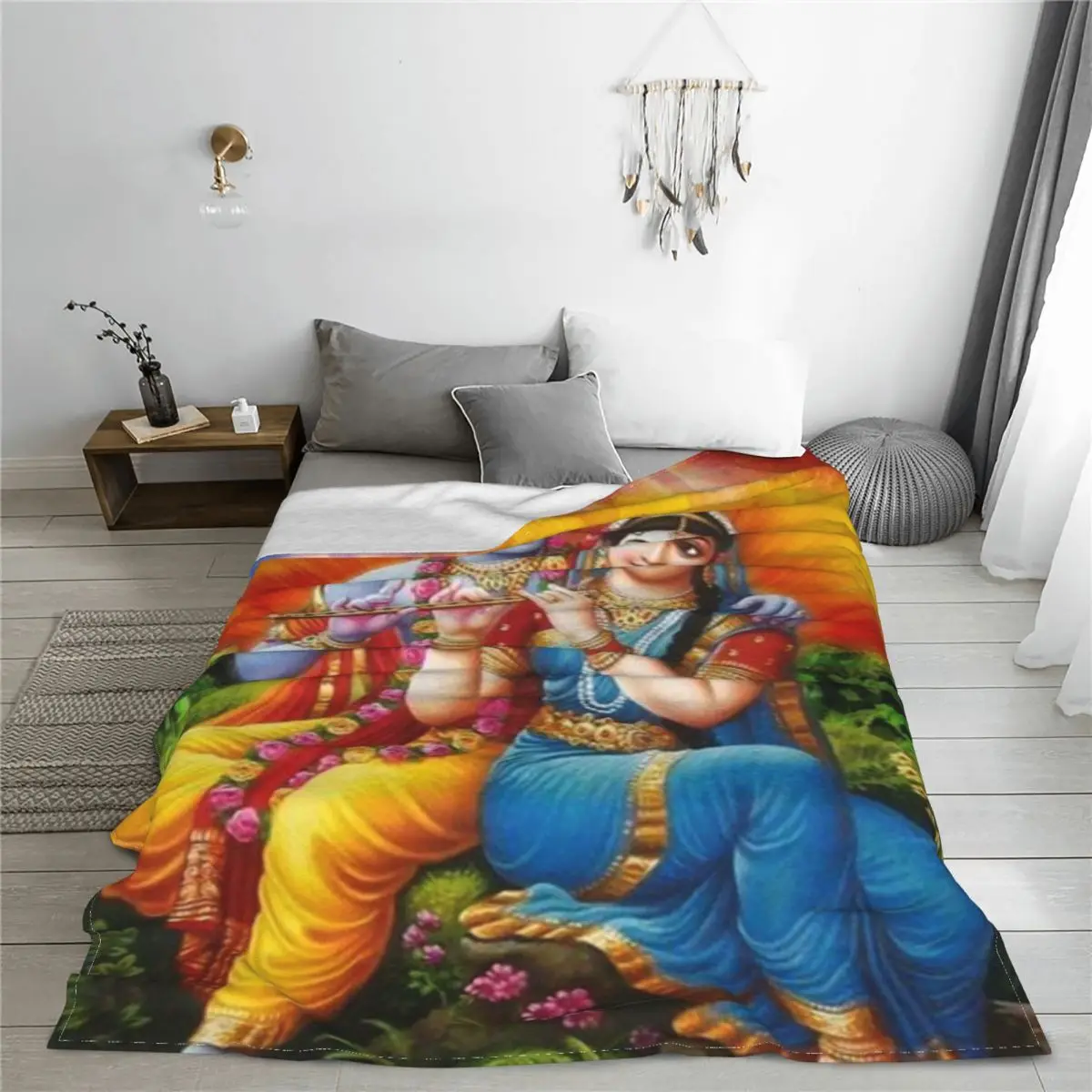 Indian God Krishna Radha Knitted Blanket Flannel Goddess of Love Hindu Warm Throw Blankets for Bedroom Sofa Bed Rug