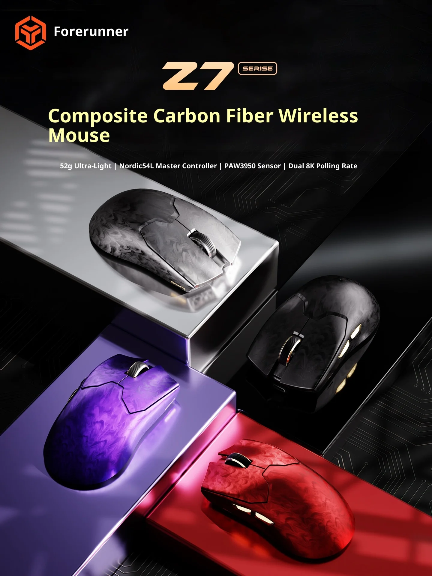 EWEADN Z7 Wireless Gaming Mouse | 52g Ultra-Light Carbon Fiber | PAW3950 8K | Ergonomic for Small-Medium Hands | Esports FPS Low