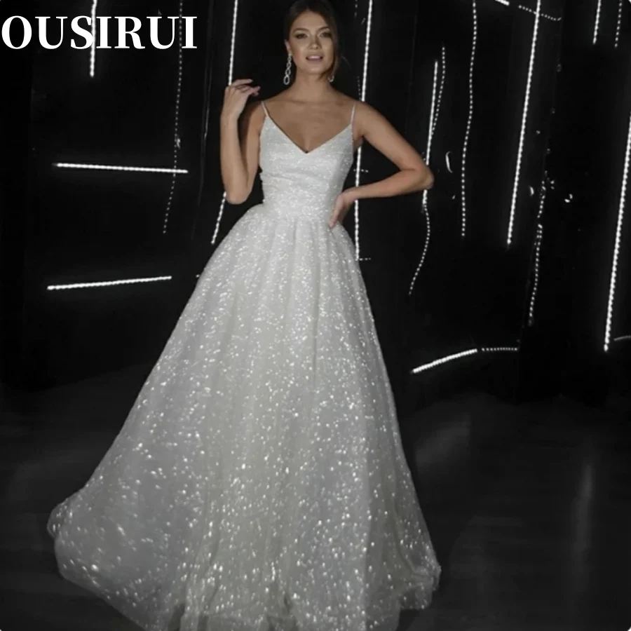 OUSIRUI Abiti da sposa Senza spalline Lucidi Donne Plus Size Modern Glitter Tulle Abiti da festa da sposa Principessa Robe De Mariée