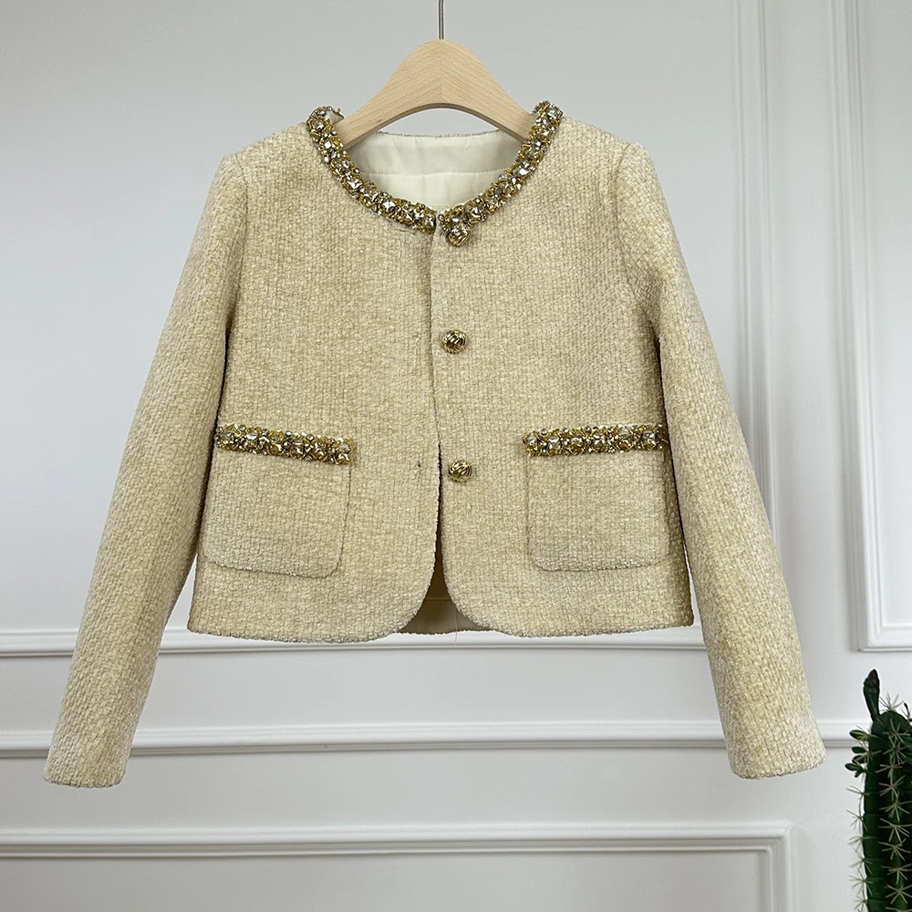 

High End Women Autumn Winter Beading Tweed Wool Thick Vintage O Neck Long Sleeve Single Breasted Outwear Coat