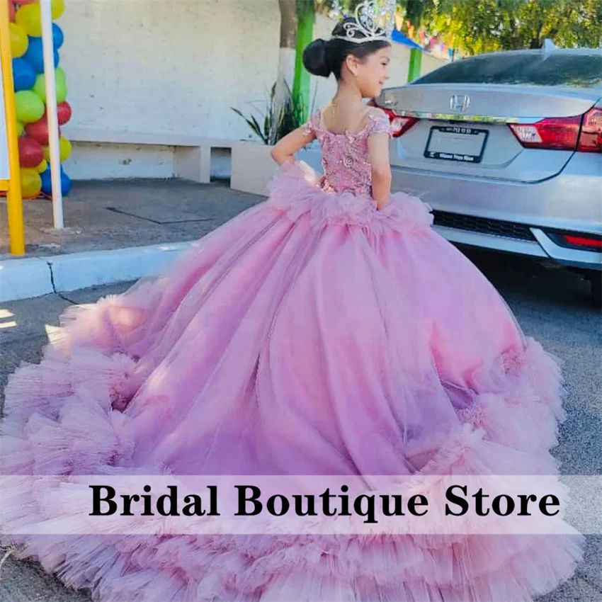 Luxury Purple Flower Girls Dress 2024 Tired Ruffle Crystal Bead Off Shoulder Ball Gowns Child Birthday Party Dress Customized 