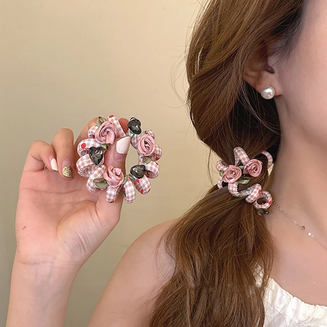 

2Pcs Telephone Line Hair Rope Shiny Love Rhinestone Rubber Bands Fabric Rose Girl Ponytail Headwear Floral Flower Women Headband