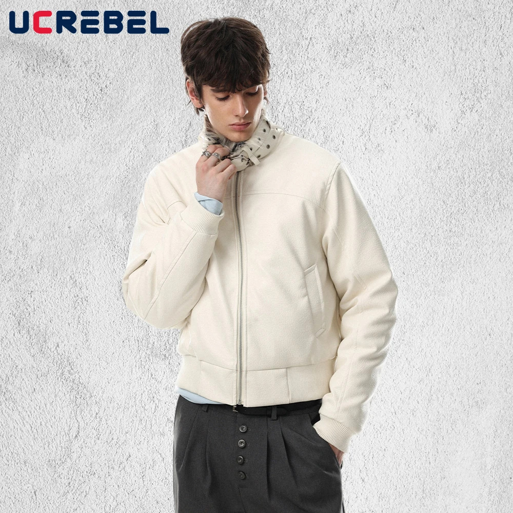 Double Breasted PU Leather Quilted Jacket Mens Winter Stand Collar Long Sleeve Fleece Outerwear Man