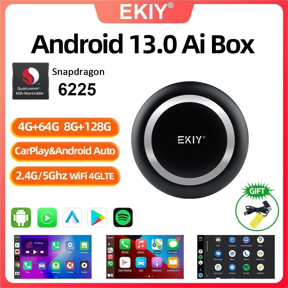 EKIY-CarPlay Ai Box Android 13, 8GB, 128GB, QCM6225, 8 núcleos, inalámbrico, soporte automático, Netflix, IPTV, 4G, LTE, TV, Car Play, Smartbox