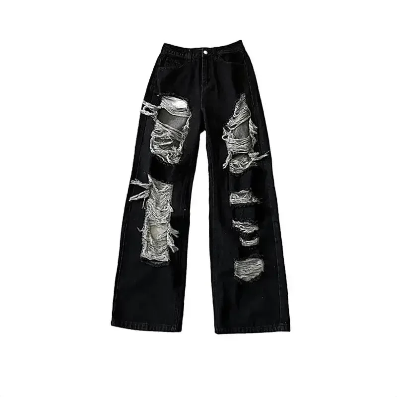 New Y2k Front-Rear  Broken Hole Jeans All-Match Distressed Women High Street Hip Hop High Waist Straight Loose Trousers