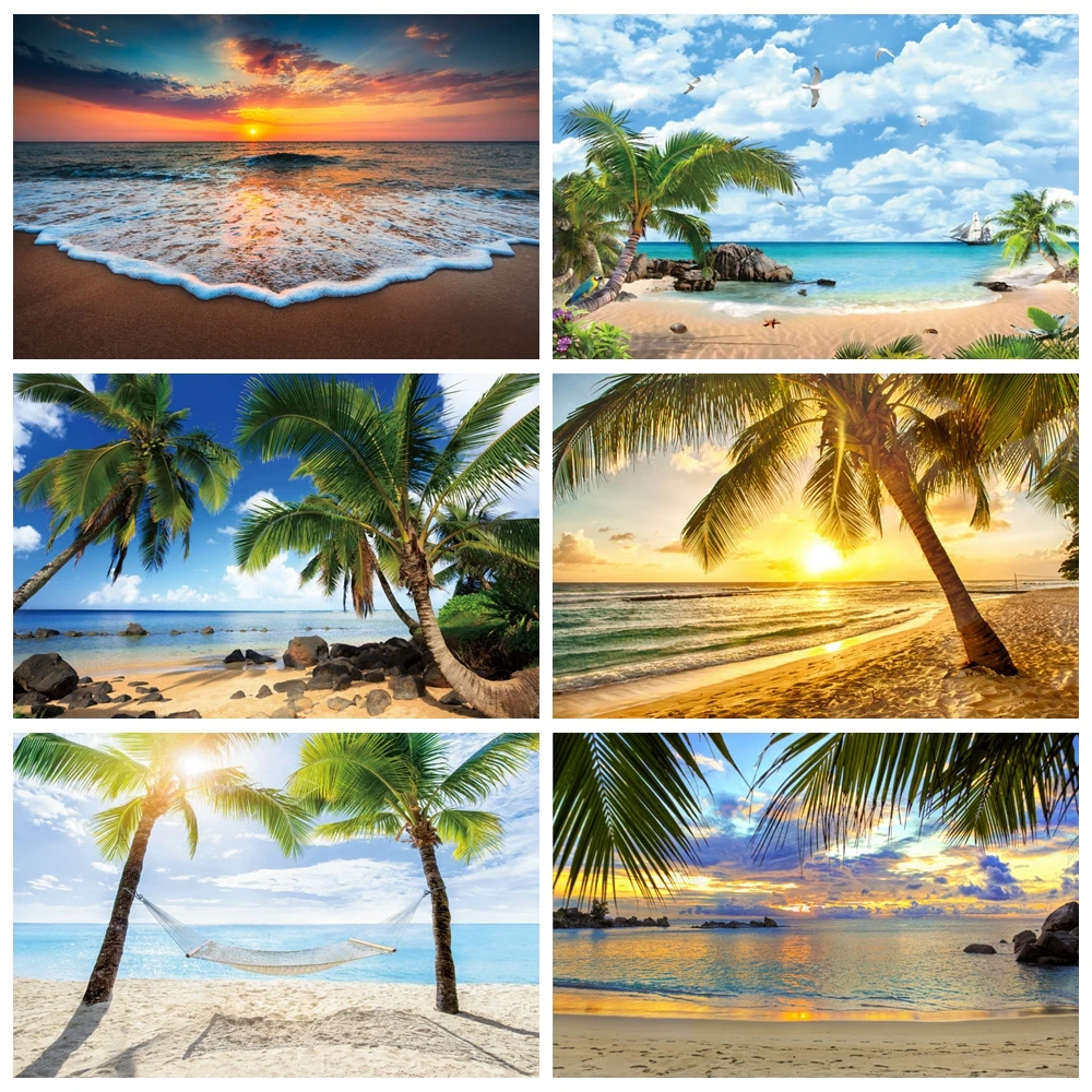 

Tropical Palm Tree Backdrops Photography Sea Beach Sand Waves Cloudy Sunrise Natural View Photography Backgrounds Photo Studio