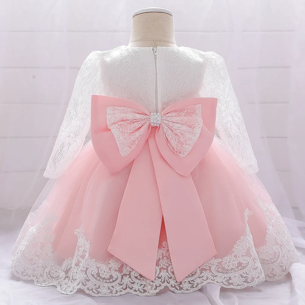 

Baby Girl Dresses Party and Wedding Newborn Girl Long Sleeve Lace Dresses With Big Bow Infant Girl 1st Birthday Princess Dress