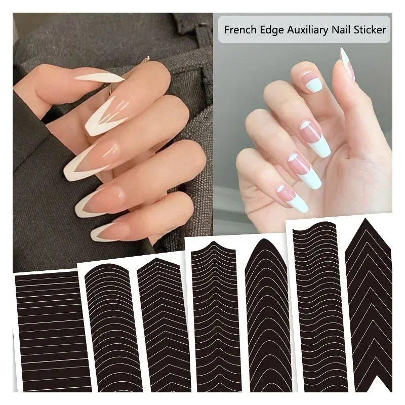 1 Sheet French Manicure Edge Auxiliary Nail Sticker 6 Designs Moon V Shape Self-Adhesive Nail Tip Guides For DIY Line Nail Tools