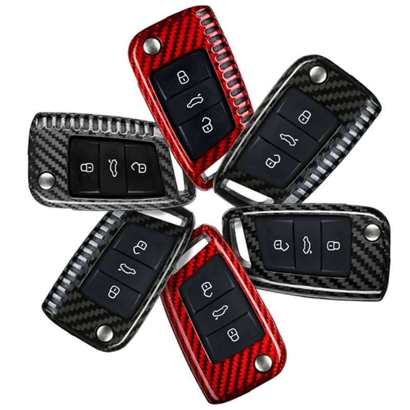 For Skoda Key Fob Cover With Keychain Carbon Fiber Key Shell Case Protection For VW Volkswagen Tiguan Golf Atlas Smart Key