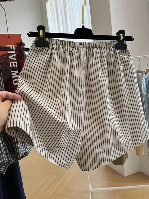 Zomer Pantalones Cortos De Mujer Casual Gestreepte Rechte Shorts Voor Vrouwen 2025, Nieuwe Bodems Bandage Mode Wijde Pijpen Broek