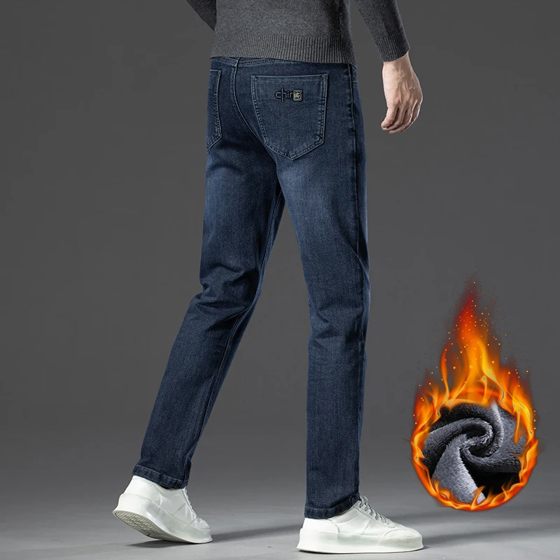 겨울 클래식 비즈니스 남성 양털 따뜻한 청바지 스트레이트 스트레치 캐주얼 두꺼운 데님 바지 워시 패션 벨벳 남성 바지