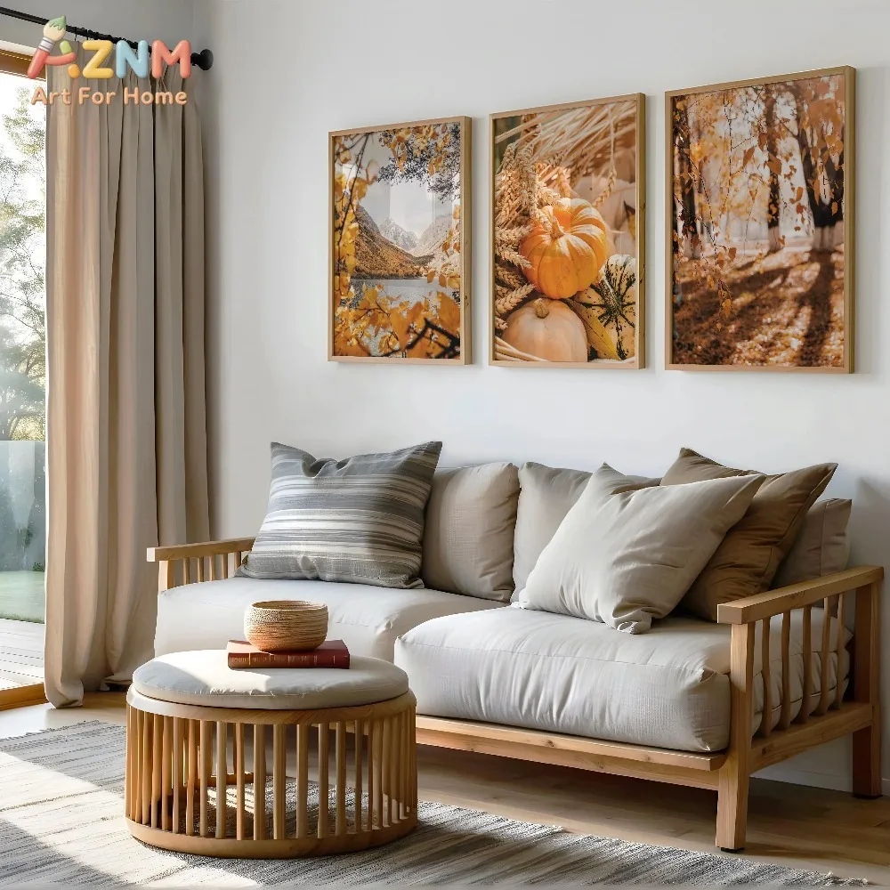 AZNM 3Pcs Warm Autumn Scenery Canvas Wall Art, Mountain Lake Pumpkin Wheat Fall Photo Print Frameless Canvas Painting, Neutr