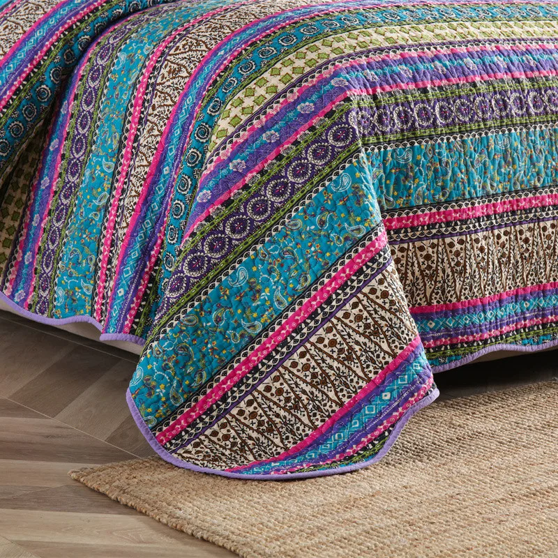 1Pc Boho Colorful Full Queen Quilt Cover for Summer Bohemian Floral Striped Lightweight Bedspread Brushed Microfiber All Season
