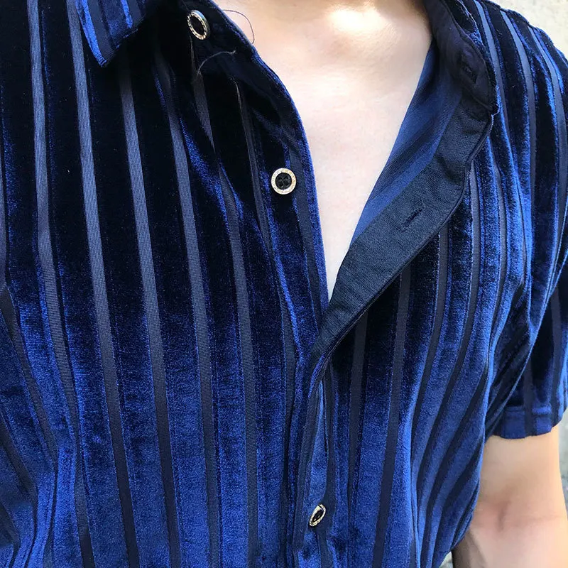 Men Sexy Velvet Shirt Men Short Sleeve Clothing High Quality Shirt Trendy Transparent Blue Stripe Shirt See Through Social Club