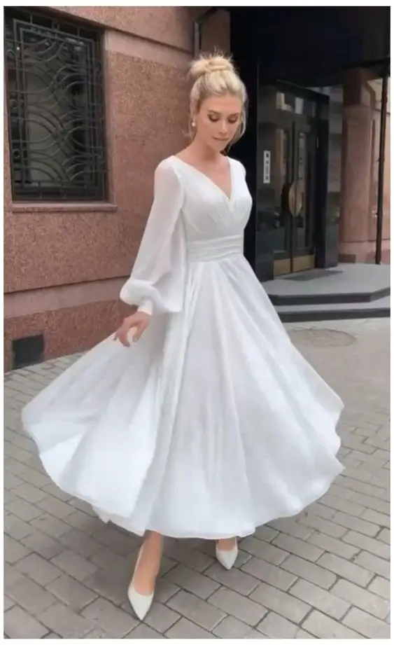 

Short Wedding Dresses Ankle Length Cummerbund V Neck Flowing Lantern Bishop Long Sleeves Backless Little White Bridal Casual