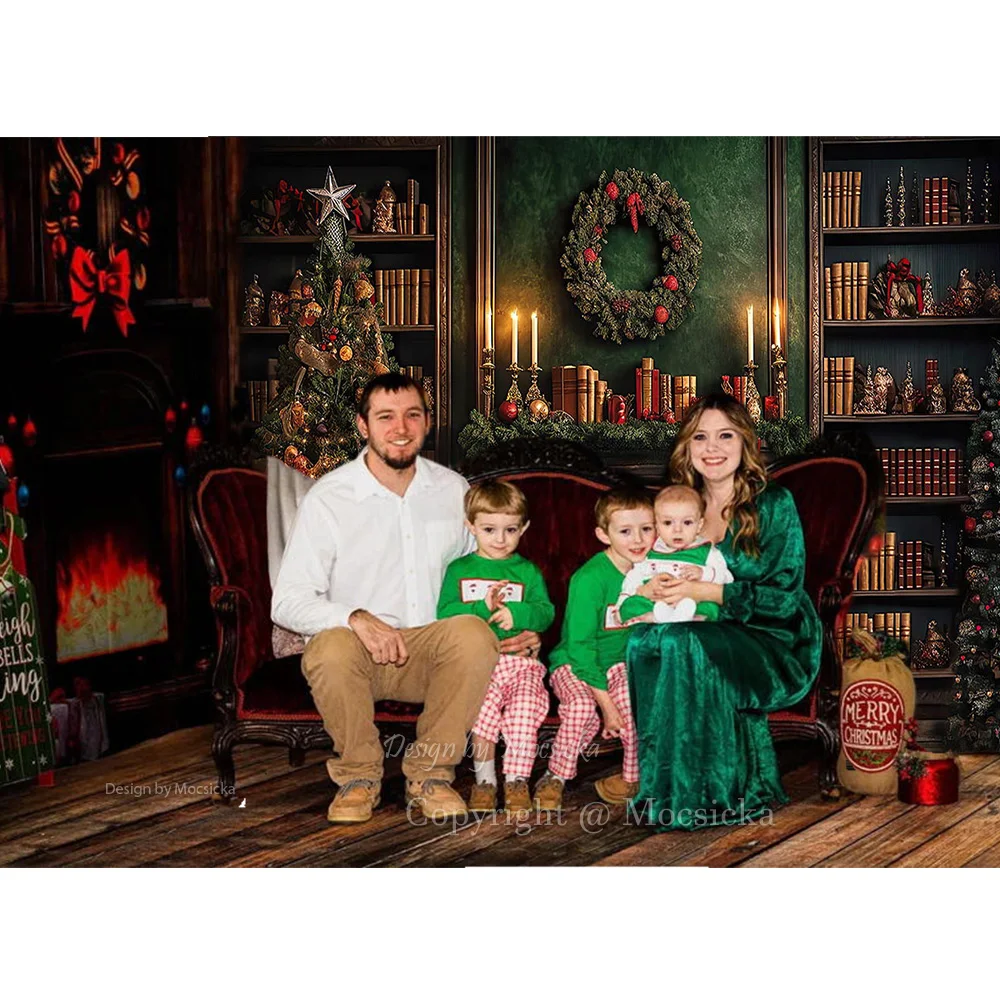 Christmas Fireplace Photography Background Decor Vintage Green Bookshelf Xmas Tree Garland Backdrop Warm Room Home Photo Studio