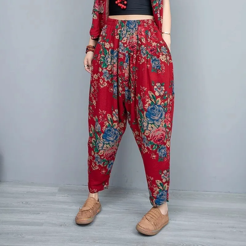 Red Flower Cotton Linen Harem Pants Women Spring Autumn Loose Personalized Pant LX3065