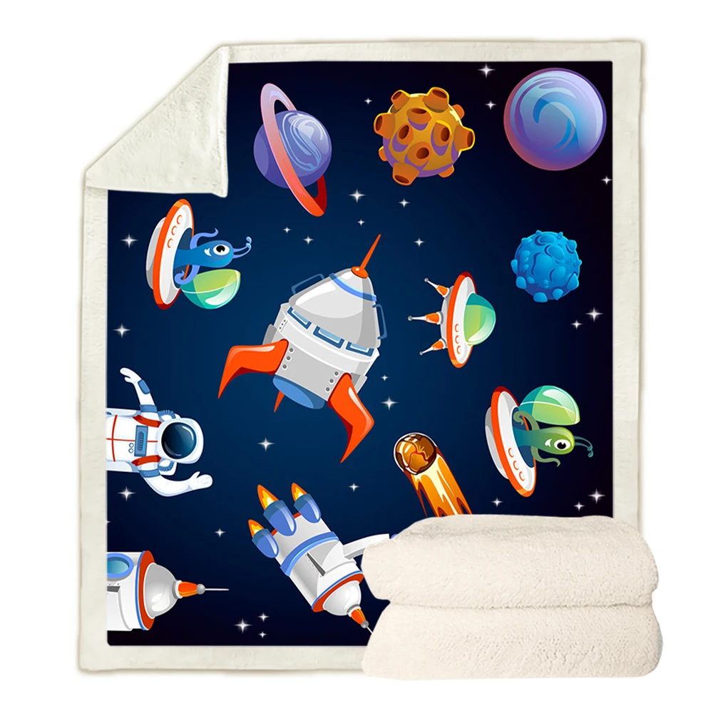 HX Children’s Throw Blankets Cute Cartoon Rocket Astronaut Double Layer Blanket Throw Keep Warm Quilt Dropshipping