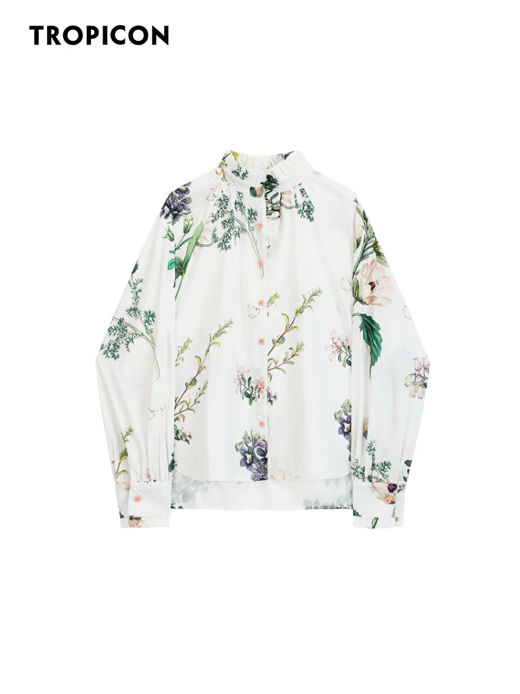 

TROPICON Fall 2022 Vintage Fashion Lantern Sleeve Plant Floral Shirt For Women White Long Sleeve Top Designer Blouse Clothing