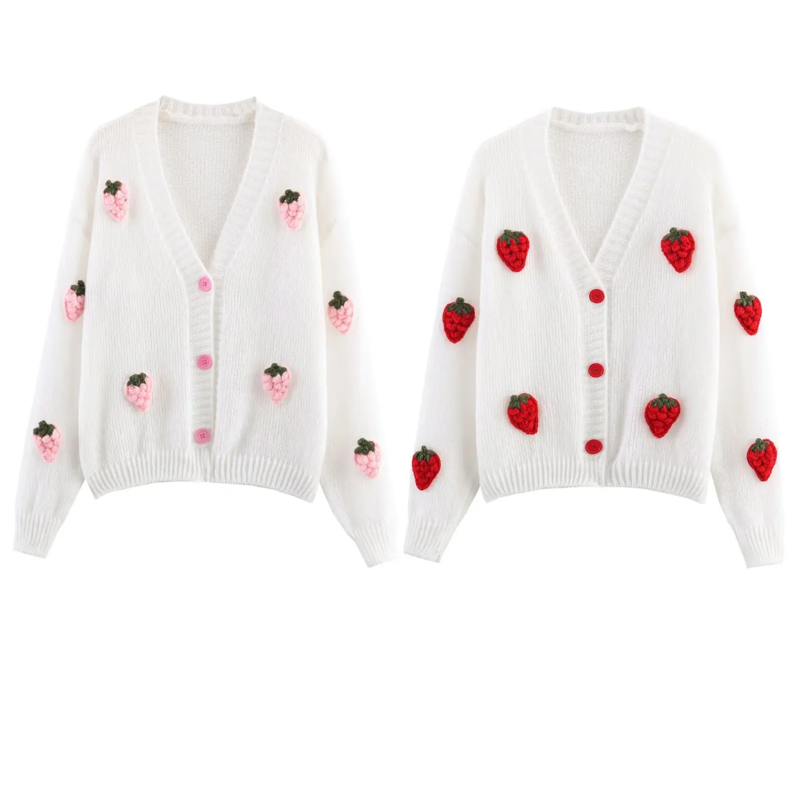 

Новый осенне-зимний универсальный и модный вязаный кардиган с v-образным вырезом, клубничное украшение, сладкий стиль