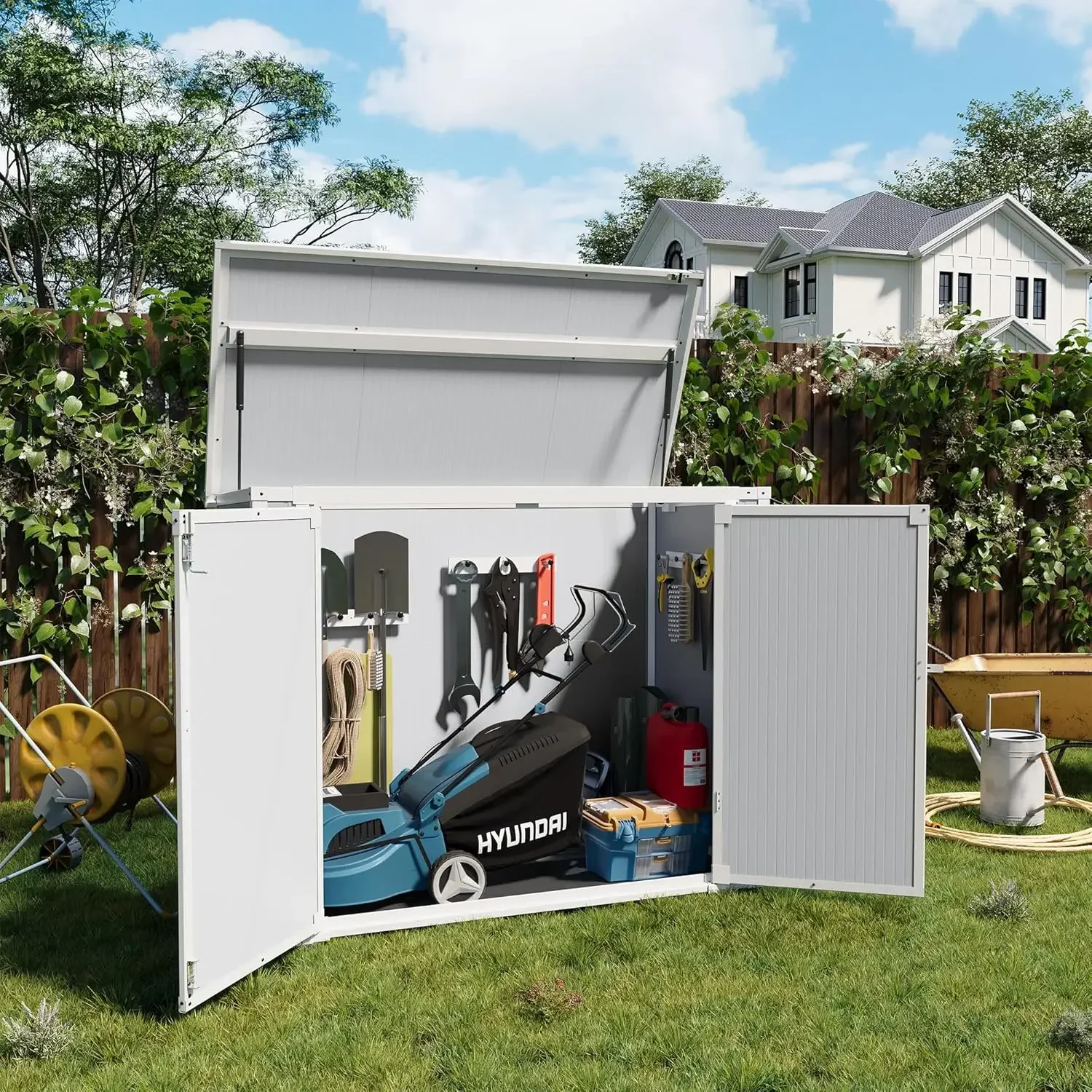 

[XMSJ] Горизонтальный сарай для хранения 41 Cu.Ft для улицы, устойчивый к атмосферным воздействиям сарай для хранения из смолы с утолщенным полом, газовая пружина, запираемые двери