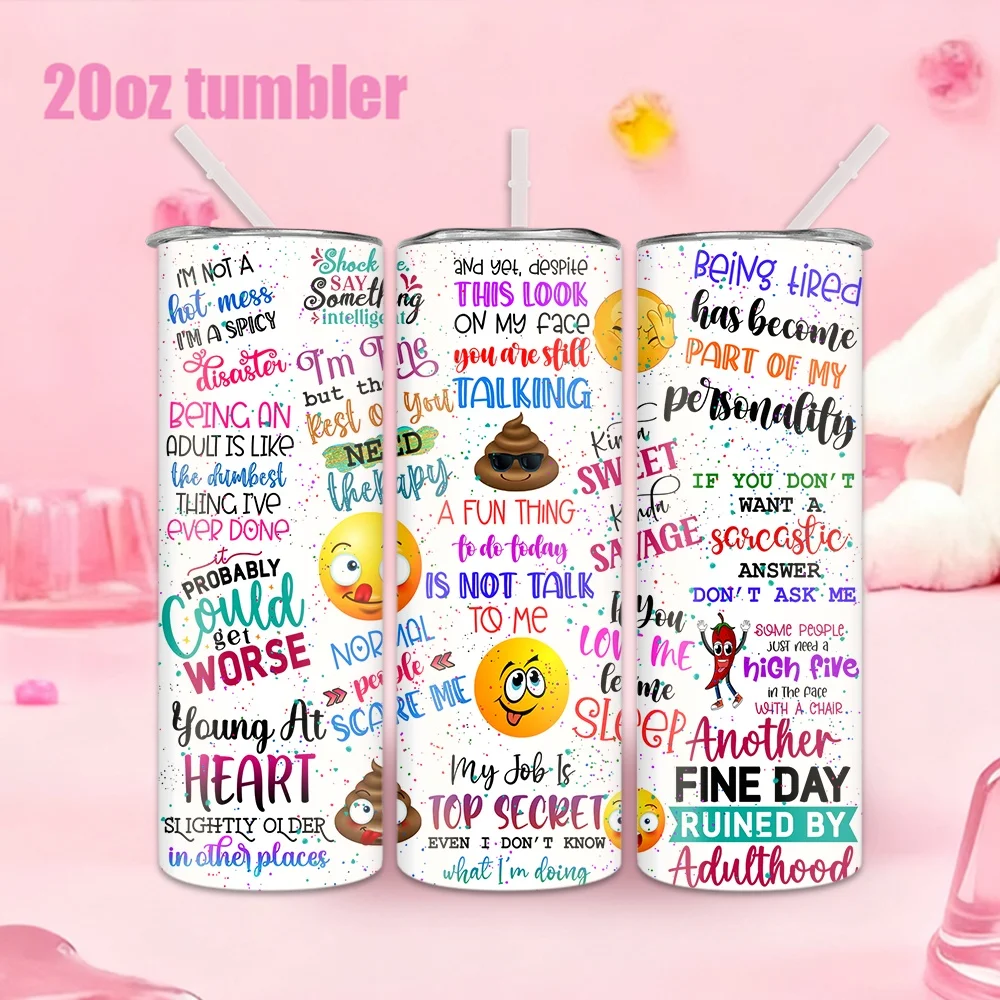 1pc Stainless Steel Water Bottle/Cup with Colorful Emoji and Text Background Pattern — 20oz (591ml)
