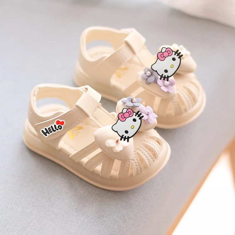 

Детская обувь для малышей на мягкой подошве, сандалии с бантом для девочек, детские нескользящие тапочки Hello Kitty, летняя пляжная обувь принцессы для маленьких девочек