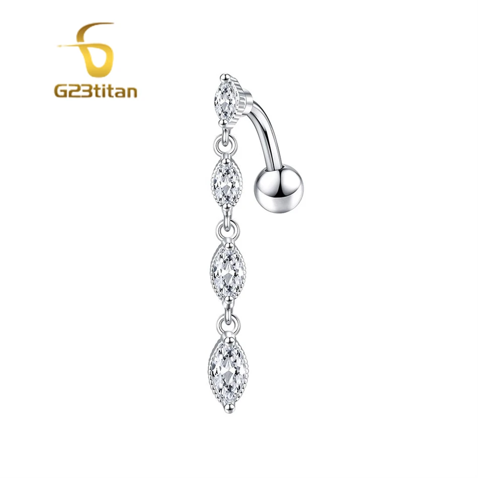 G23Titan Long CZ Dangle Reversed Belly Button Rings 14G Titanium Curved Barbell Navel Piercing Women Summer Bare Midriff Jewelry