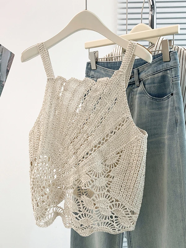 Bohemian Knitted Hollow out Vest Women's Summer New Holiday Style Asymmetric Backless Strap Design Breathable A-Line Narrow S...