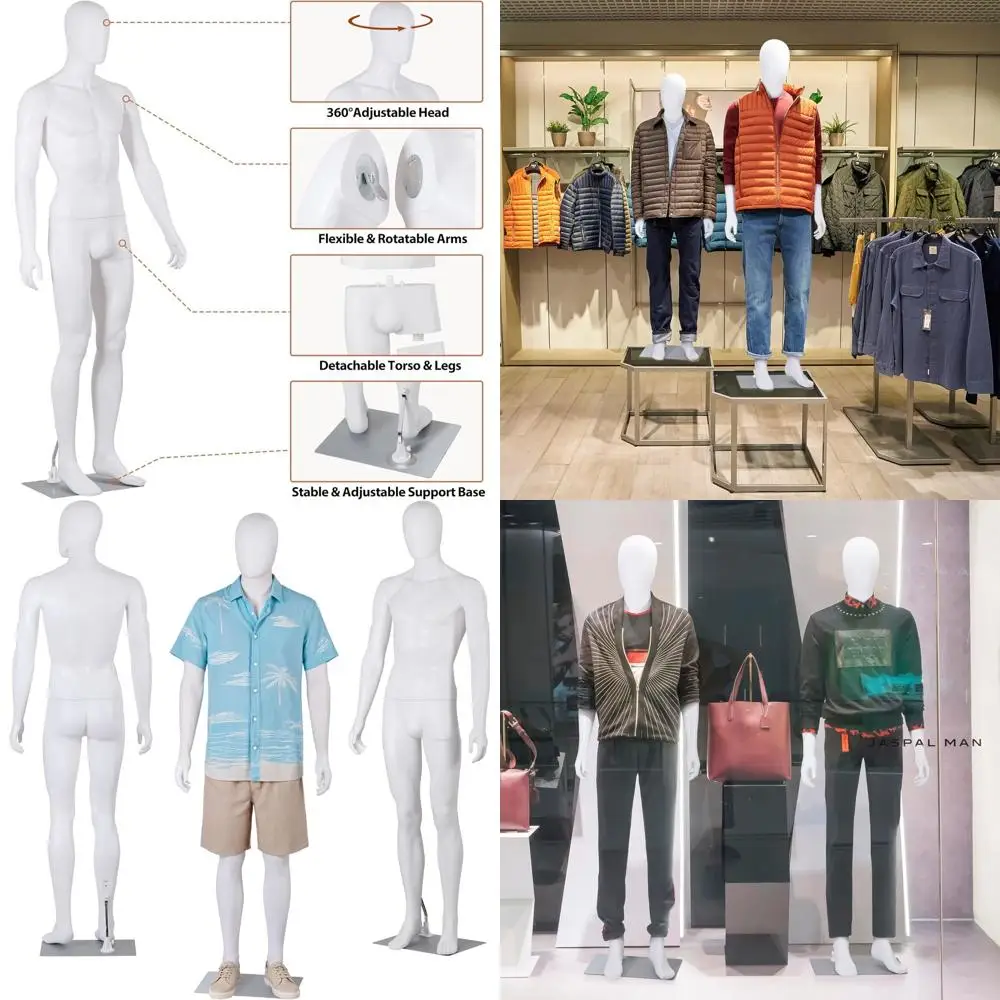

Adjustable Head & Limbs Male Mannequin, 73 Tall, Detachable, Metal Base, White (For Clothing Display)