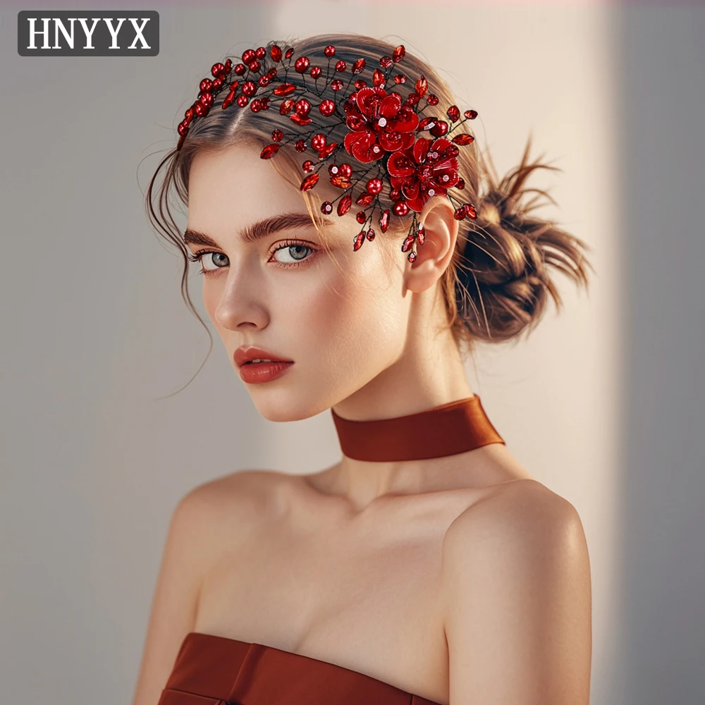 HNYYX Pearl Crystal Flower Headband Women\'s Red Hair Accessories Bridal Party Queen Wedding Headpieces Jewelry Hair Tiara A265