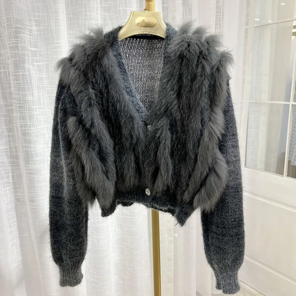 2024 Fashion Women Spring Short Knitted Cardigan Coat with Real Fox Fur Fur Loose Natural Fox Fur Jacket Female Cropped Sweaters