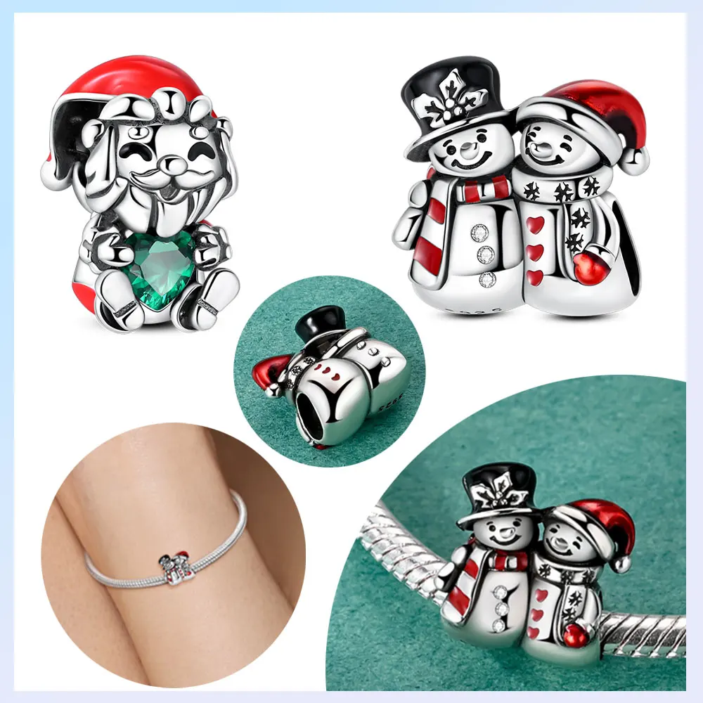 925er Silber vergoldet, Original-Charms, Weihnachten, Schneemann, alter Mann, Umarmungen, Herz, Geschenk, Perlen, passend für Armbänder, Damenschmuck, Geschenk